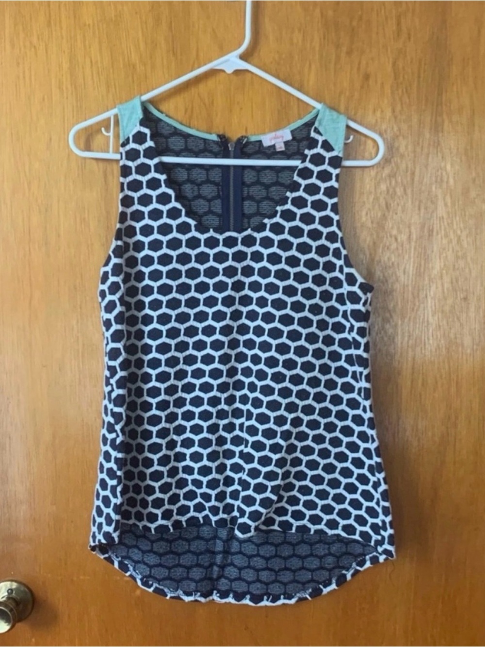 Pixley Navy Honeycomb Print Tank with Mint Shoulder Accents